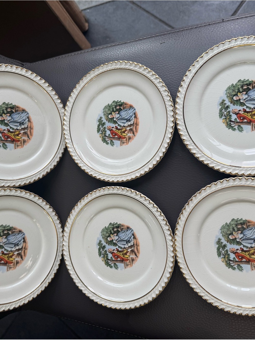 Vintage Set of 6 Harker Pottery 22KT Gold "Colonial Courting Couple" Plates